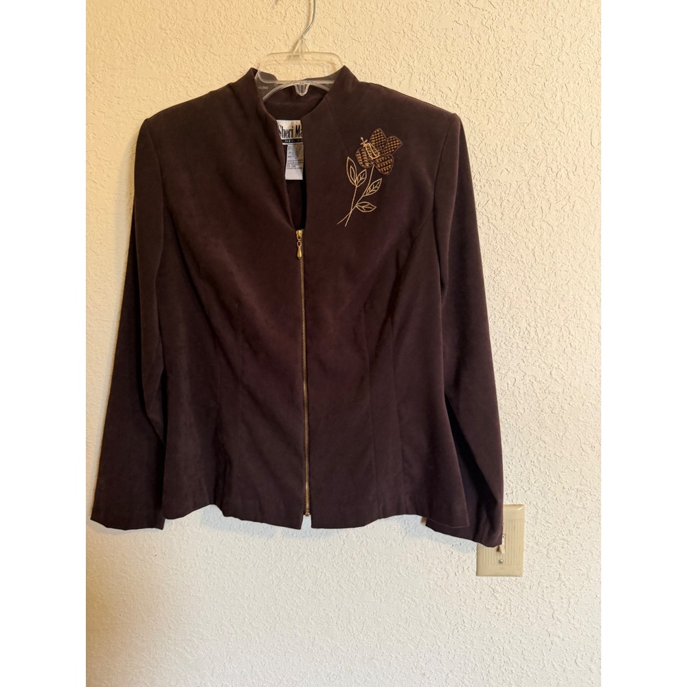 Sheri Martin New York Womens Brown Faux Suede Embroidered Floral Zip Jacket 10